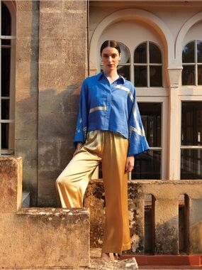 Greek Archaic Kori Glossy Satin Gold Elastic Waist Pants